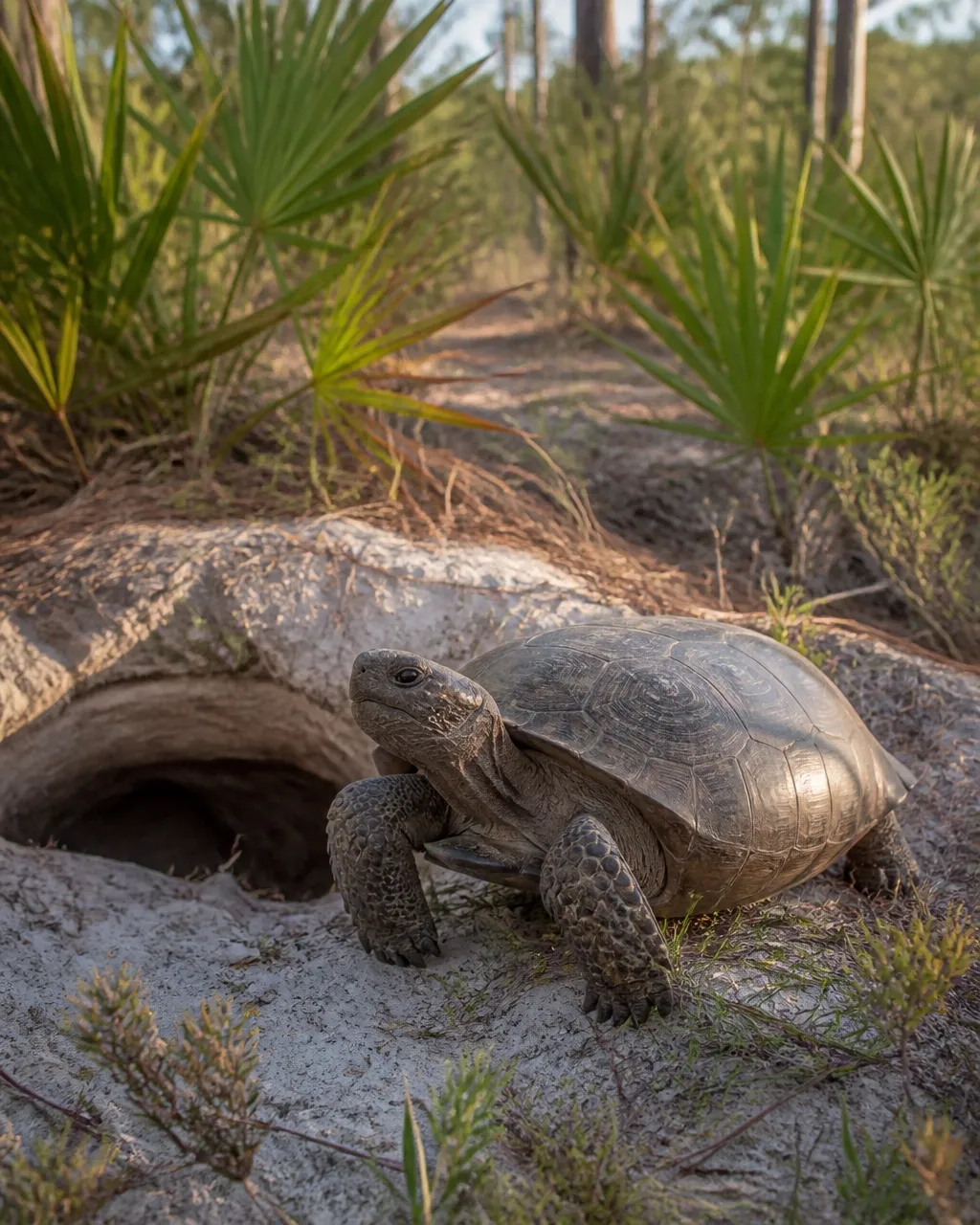 Gopher tortoise beside its burrow